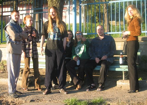 TUMULUS at the railroad station of Chernivtsi. From left to right: Ottar, Ju Vigdis, Kuchum, Scorpio (The MetalList), Velingor, Kurbat, Violeta Karlashchuk ("Bukovyna" radio)