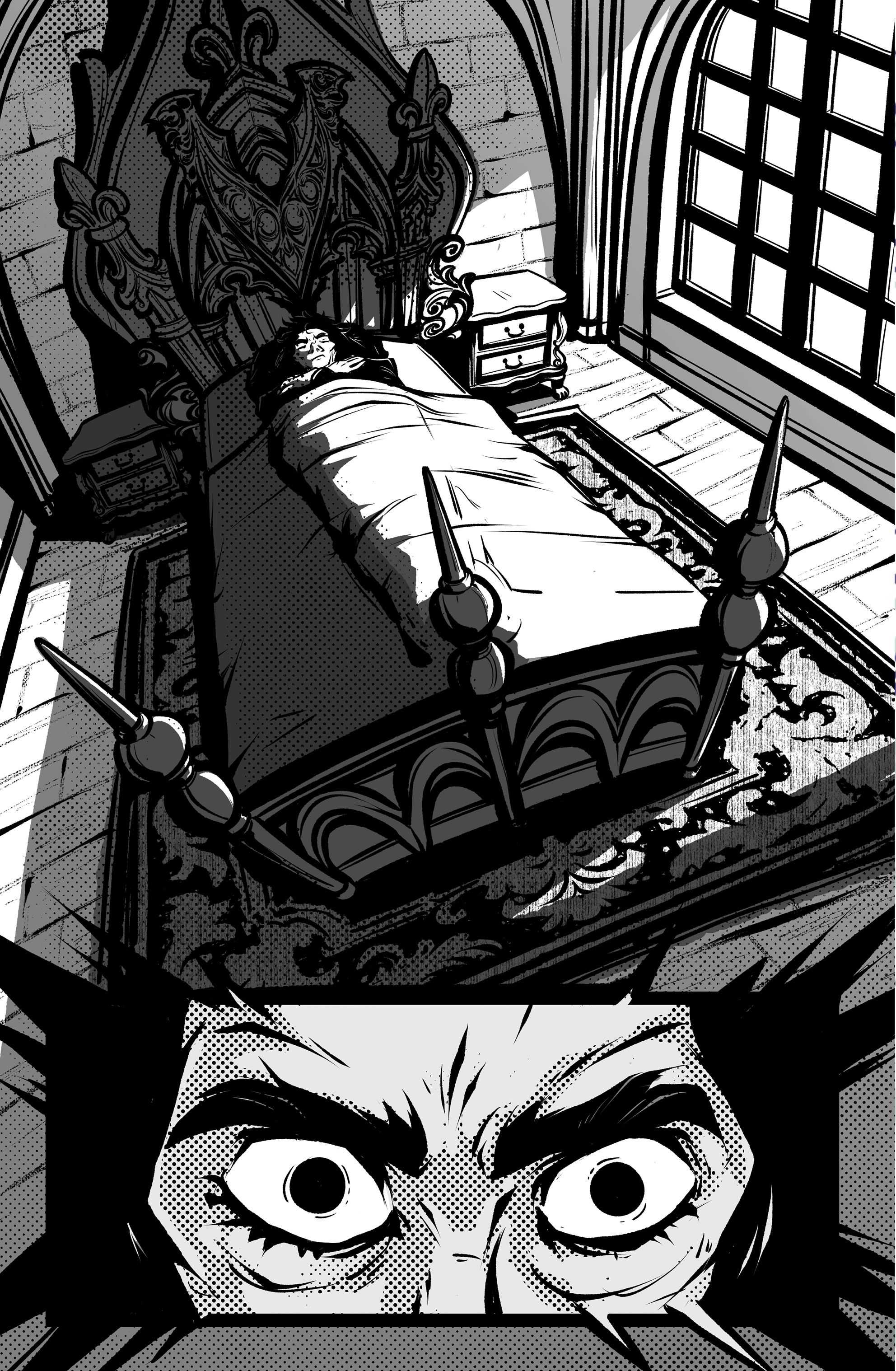 Maurice & The Metal issue five, page seven - halftone shadows in the castle