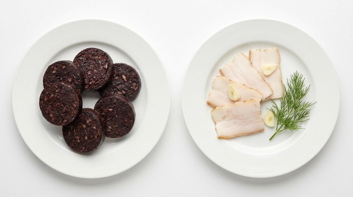 Black pudding and salo on two plates
