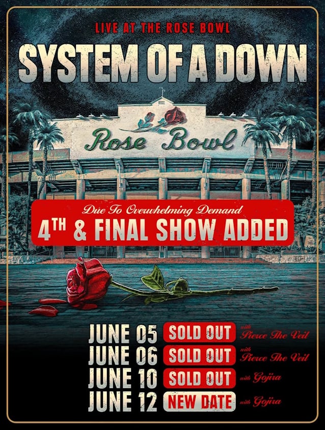 SYSTEM OF A DOWN додали четвертий і останній концерт на Rose Bowl, на двох шоу зіграють GOJIRA